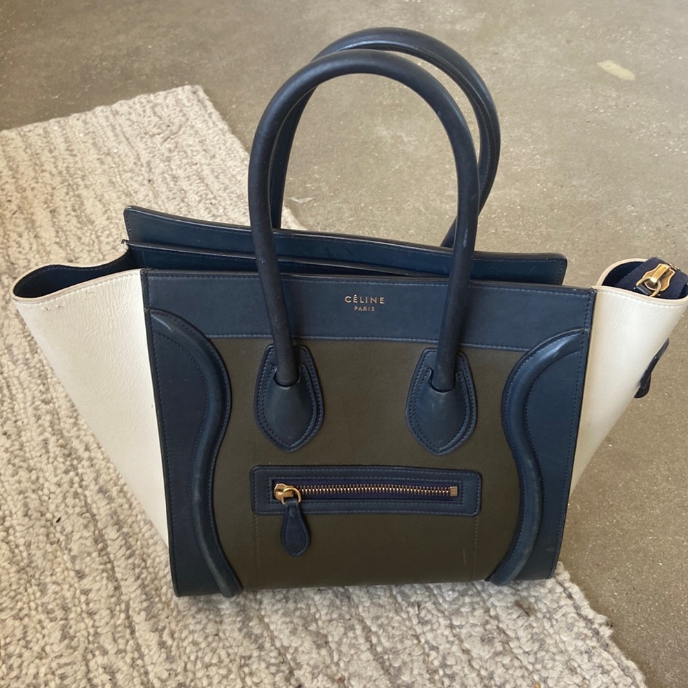 Celine mini luggage  12x12x7 in
Tricolor - sage navy cream 
Calfskin
